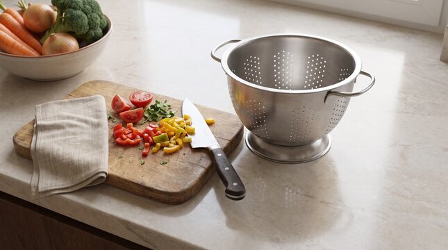 Fresh Vegetables Chopped on Cutting Board with Colander