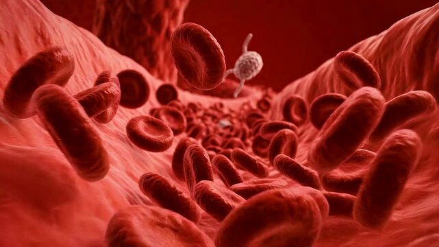 3d render of blood vessel interior with red blood cells and white blood cell moving forward