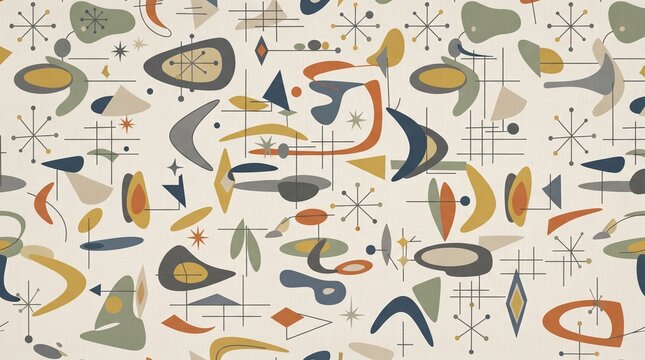 Mid-century modern seamless pattern with abstract geometric shapes