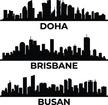 Doha Qatar Brisbane Australia and Busan South Korea City Skyline Silhouette Vector Collection