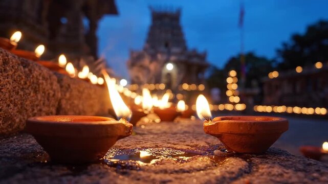 Clay diya oil lamps burn before a temple at dusk. Hindu worship and devotional ritual. Sacred ceremony and spirituality. Traditional earthen lamps and evening prayer.