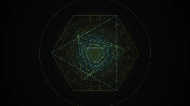 Glowing neon geometric wireframe shapes overlap on a dark black background with circular borders