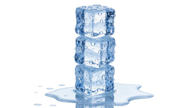 Stack of three melting ice cubes with water droplets, isolated on transparent background