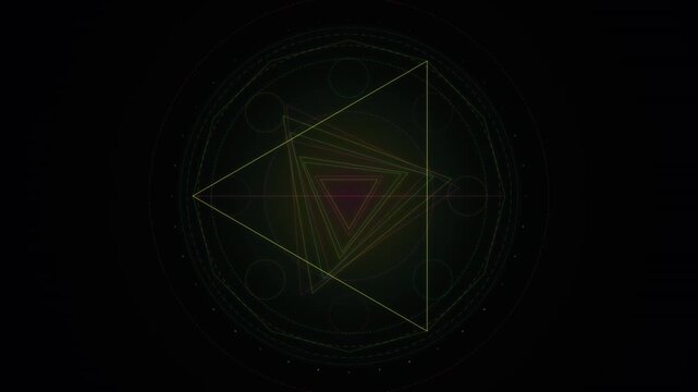 Dark background displaying layered triangular patterns with multicolored circular geometric outlines