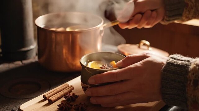 Hands pouring hot apple cider with mulling spices from copper pot