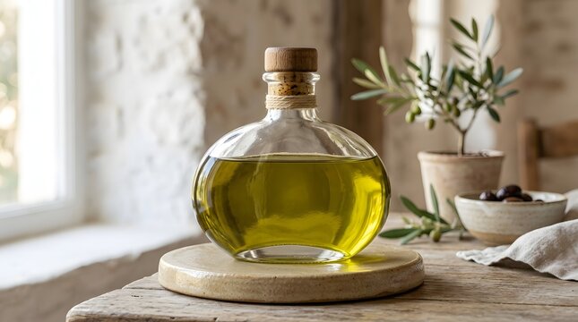 A glass bottle of premium extra virgin olive oil sitting on a rustic wooden table in a kitchen