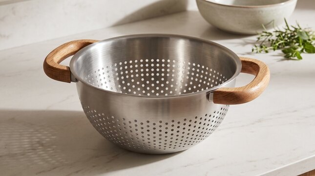 Stainless Steel Colander with Wooden Handles on Kitchen Counter