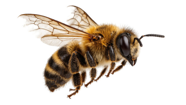 Fuzzy honey bee with striped abdomen and transparent wings, isolated on transparent background