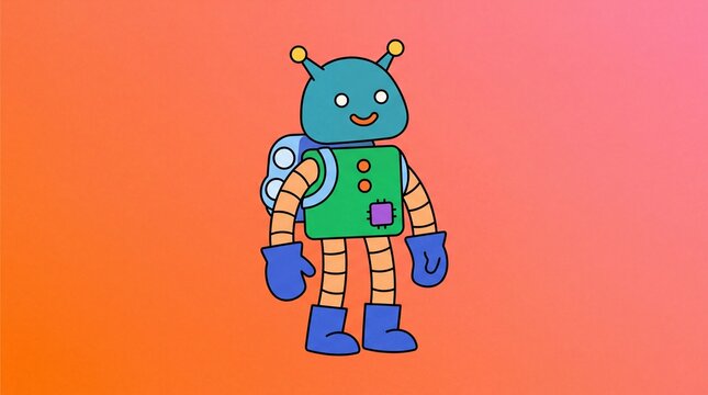 A friendly cartoon robot character with a blue head, green body, and backpack stands against a vibrant orange and pink gradient background.
