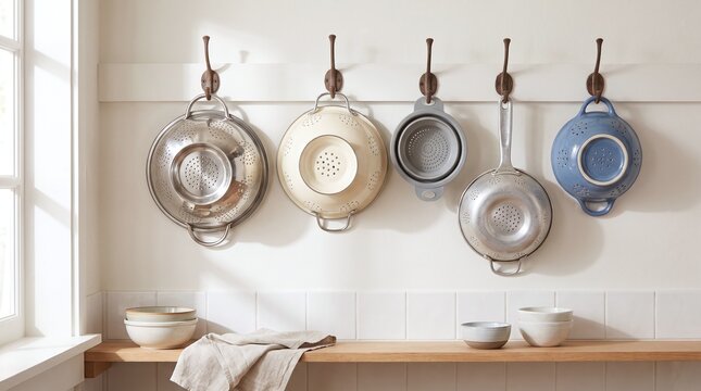 Vintage Colanders Hanging on Kitchen Wall with Rustic Shelf