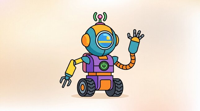 A colorful, cartoon-style robot with a friendly wave, featuring a purple body, orange accents, and a yellow arm, set against a soft, gradient background.