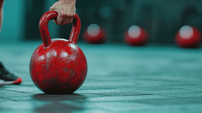 A person grips a red kettlebell on a gym floor, preparing for a workout with other kettlebells blurred in the background.