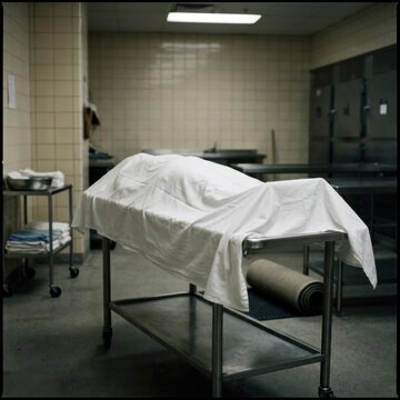 Body covered in sheet on autopsy table in morgue sterile environment medical equipment