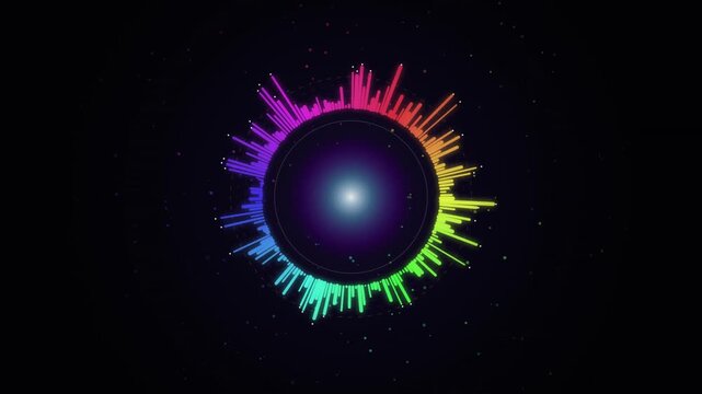 Vibrant circular audio spectrum visualizer with pulsing neon sound waves