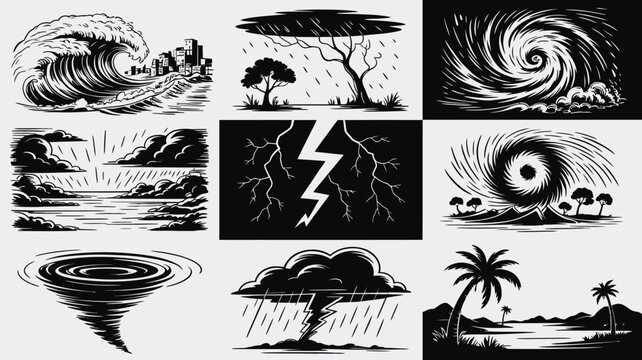 Natural disasters and extreme weather hand drawn line art set featuring tsunami hurricane tornado lightning storm and cyclone vector