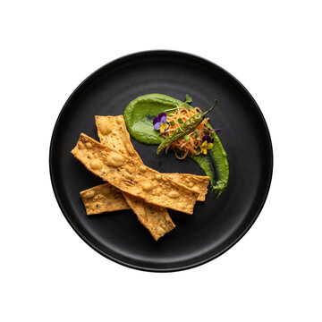 Modern Fine Dining Gujarati Fafda with Green Chutney and Fresh Garnish on Black Plate Isolated PNG