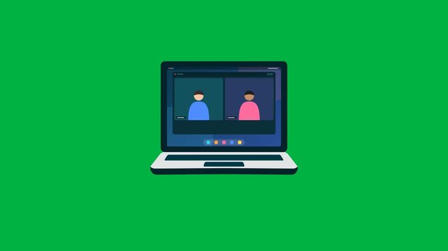 Animated video of a video call interface featuring participant tiles with active speaker indicators, voice wave bars, and floating reaction hearts on a green screen background.
