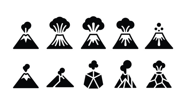 Volcano eruption and volcanic activity glyph icons set featuring erupting mountain ash cloud lava flow geometric volcano solid black vector
