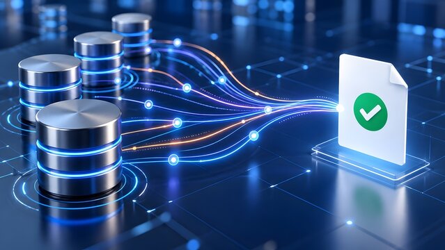 Glowing Fiber Optic Data Streams Compiling Server Information into Verified Digital Document