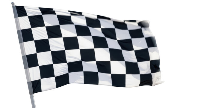 Checkered racing flag waving on pole, black and white finish line flag isolated on white, motorsport competition symbol for victory and speed