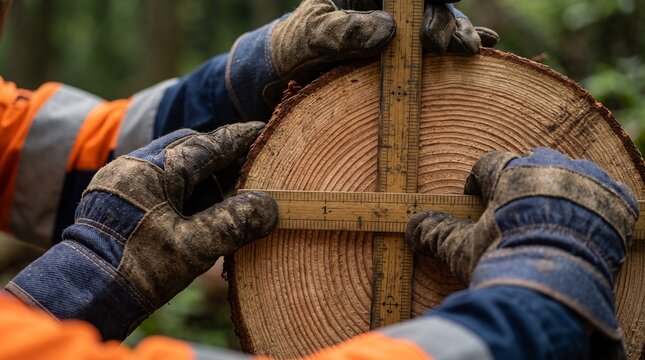 Close-up of forestry worker hands measuring cedar log cross-section with wooden rules