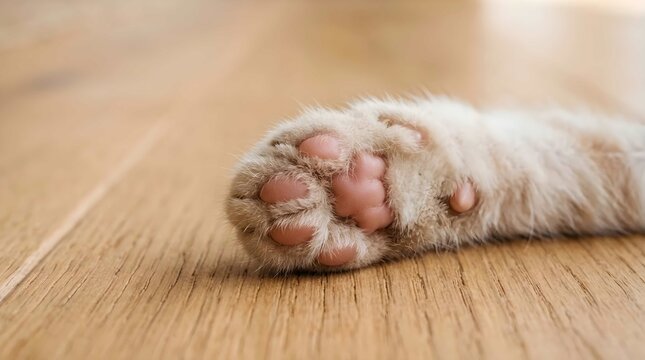Macro shot of a cute domestic cat paw with pink toe pads and soft beige fur resting on a light brown wooden floor, high quality detail showing feline anatomy and pet comfort in a cozy home setting