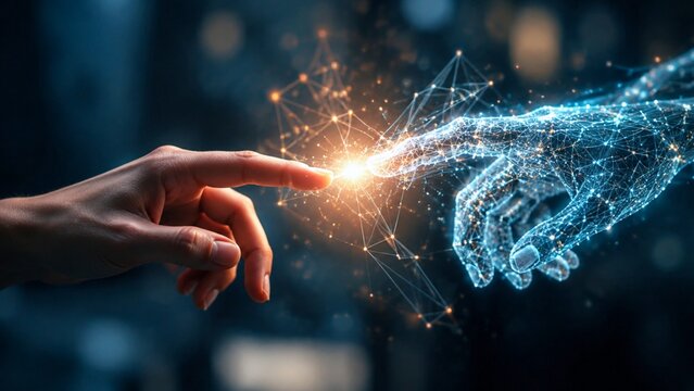 A human hand connects with a digital wireframe hand, symbolizing collaboration between people and artificial intelligence.