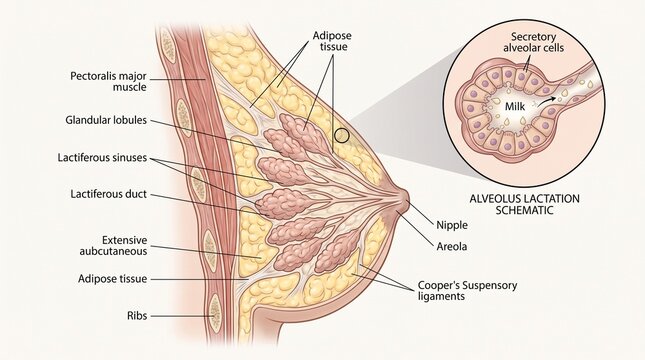 Female breast anatomy sagittal cross section with magnified alveolus lactation diagram on light background