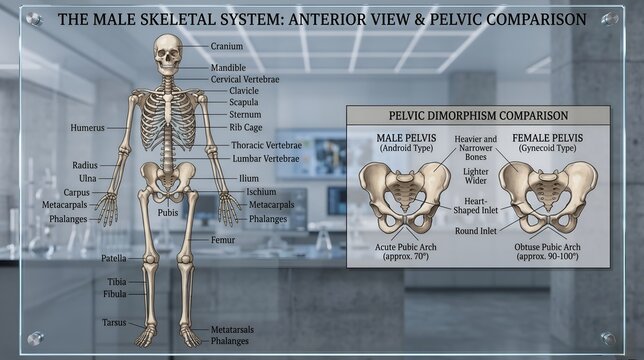 Male skeletal system anterior view and pelvic dimorphism comparison on glass exhibition board in clinic