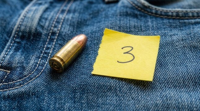 Bullet and Number 3 on Denim Jeans Pocket Crime Danger and Mystery Concept