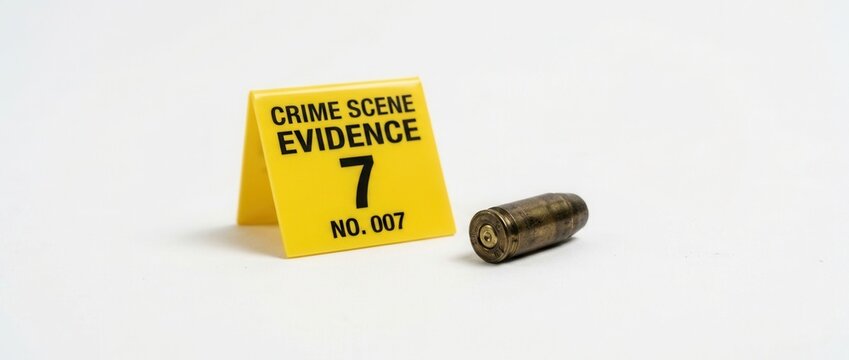 Bullet Casing and Crime Scene Evidence Marker Number 7 Forensic Investigation Symbol on White Background