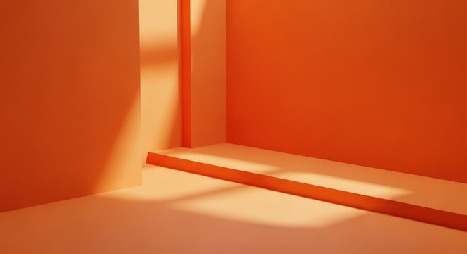 Minimalist orange studio background with geometric walls and platform, modern architectural interior scene with soft window light shadows
