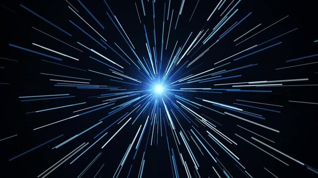 Abstract hyperspace warp speed effect with glowing blue light streaks and particle motion