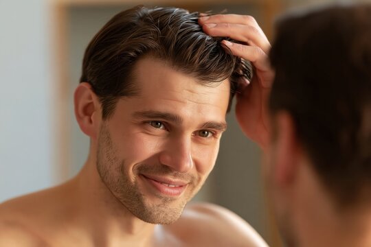 Young man looking at his reflection in a mirror while styling his hair with grooming product