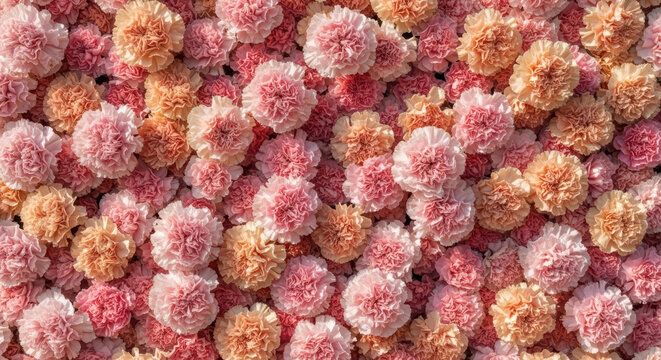 Romantic pink and orange carnation background, dense floral wall texture, soft peach blossom pattern for wedding and spring event decor