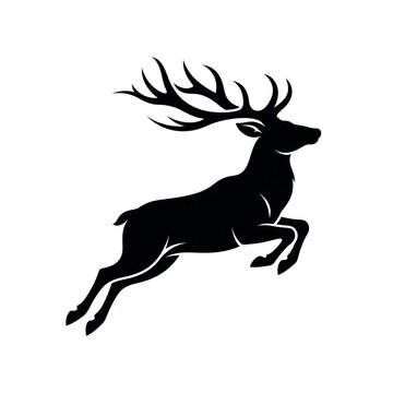 A black silhouette of a majestic stag deer leaping in the air isolated on a white background