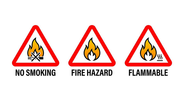 Three safety warning icons for no smoking, fire hazard, flammable