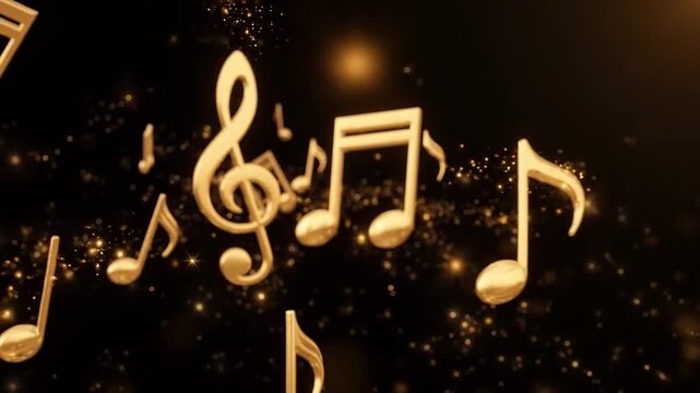 Golden musical notes and treble clef floating across a dark sparkling background. Music, melody and sound concept. Classical composition, performance and entertainment.