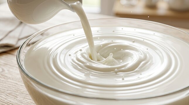 Fresh milk pouring into a glass bowl creating circular ripples and splashes