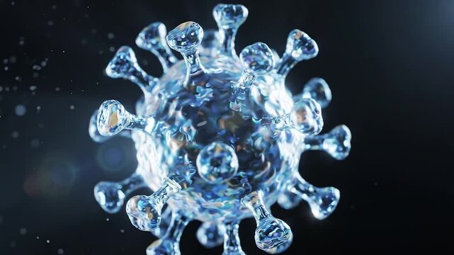Virus particle enlarging in close-up against a dark background. Coronavirus and infectious disease concept. Viral transmission, pathogen research and public health. Microscopic biology.