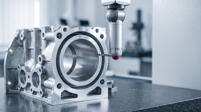 CMM ruby probe measuring aluminum engine block bore in precision quality control lab