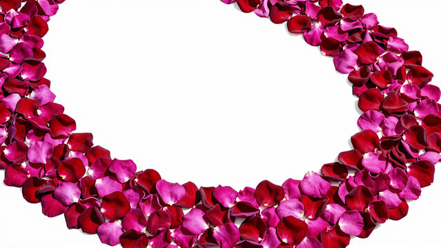 Frame of pink and red rose petals on white background