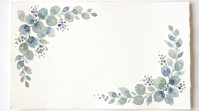 Watercolor eucalyptus branches border on textured paper background, keywords: watercolor