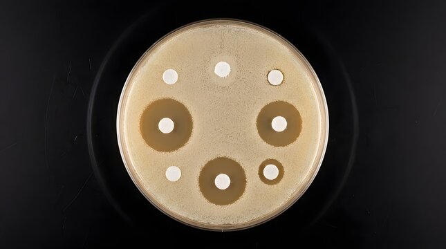 Microbiology antibiotic resistance testing in a petri dish with clear inhibition halos