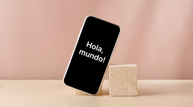 Smartphone Mockup Displaying Hola Mundo Text Leaning on Stone Cube
