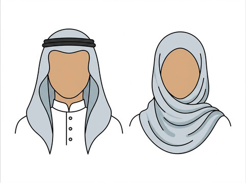 Muslim man and woman wearing traditional headwear, flat vector illustration of Arabic couple, isolated on white