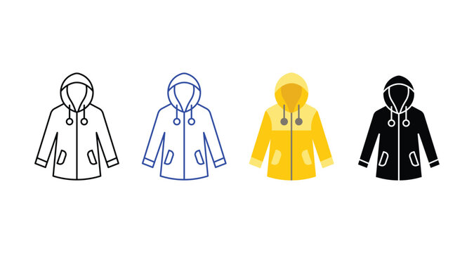 Set of raincoat icons in outline and flat styles