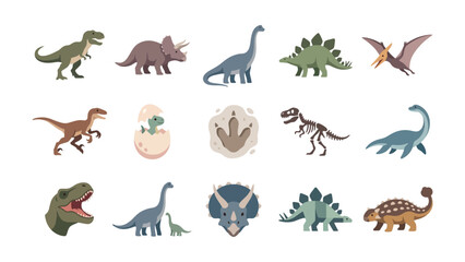Variety of cute cartoon dinosaur characters and prehistoric elements with t rex dinosaur creature prehistoric collection colorful © Ms Fateha Akter