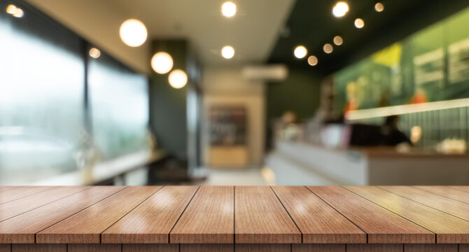 Empty wooden table top with lights bokeh on blur restaurant background.	