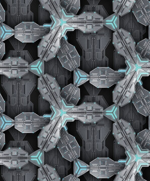 Seamless sophisticated metallic sci-fi geometric pattern featuring elegant layered futuristic machine panels with glowing light blue energy lines